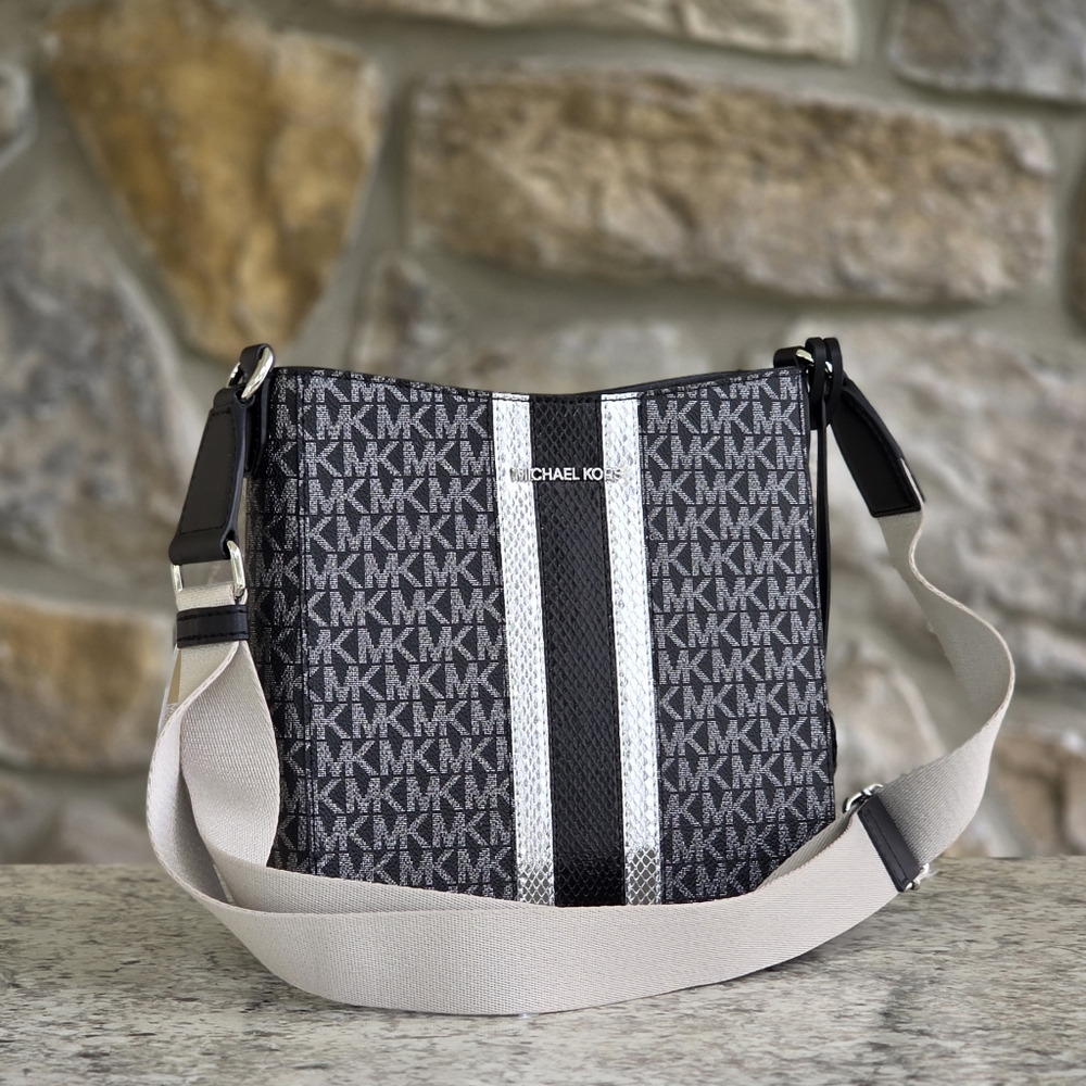Michael Kors Jet Set Logo Center Stripe Small Black Crossbody